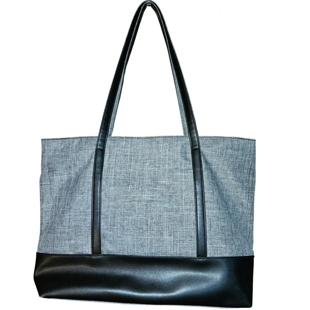 Sunny Snowy Gray Canvas Black Faux Leather Laptop Tote Bag Work Commuter Large